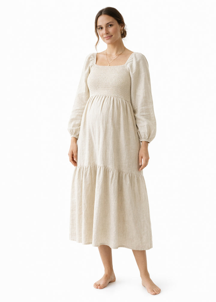 Long-Sleeve Smocked-Bodice Linen Midi Dress in Linen in Natural — on model