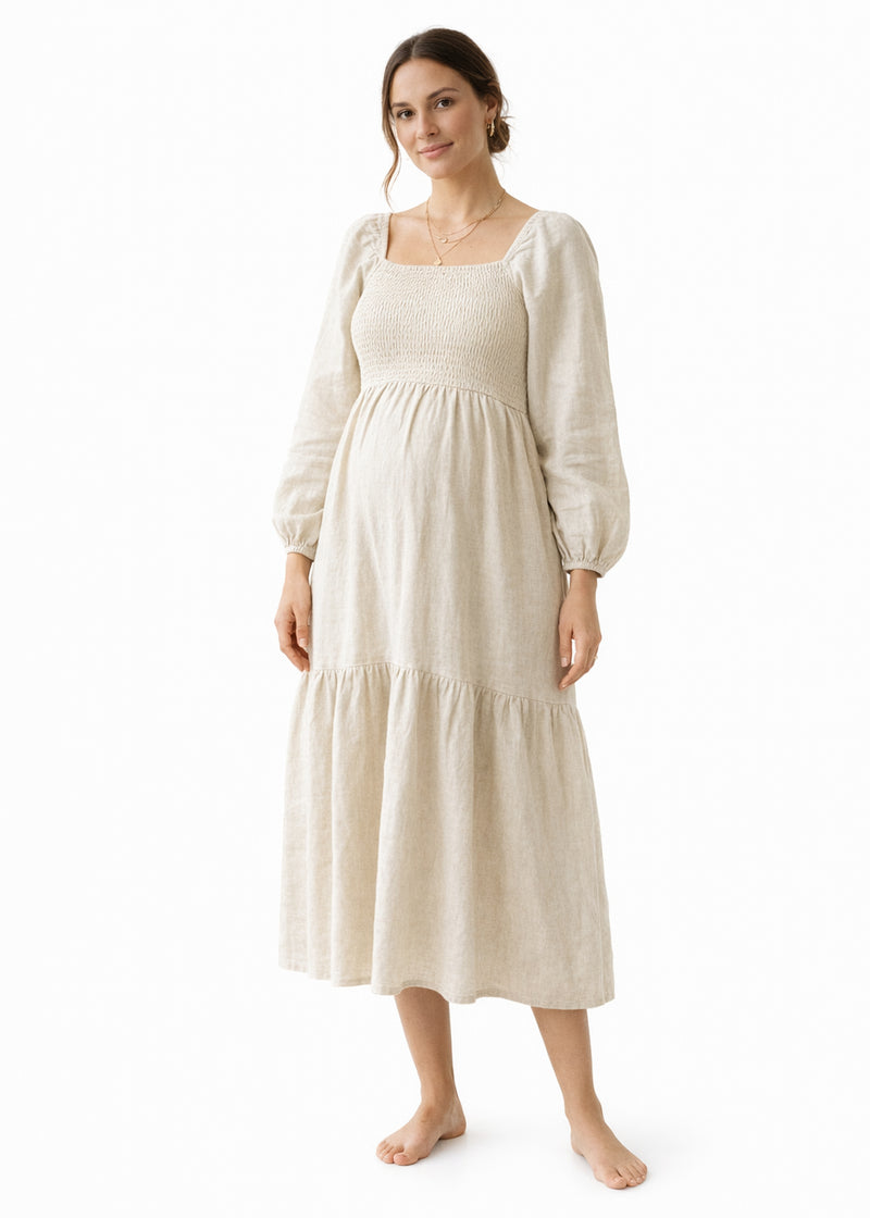 Long-Sleeve Smocked-Bodice Linen Midi Dress in Linen in Natural — on model