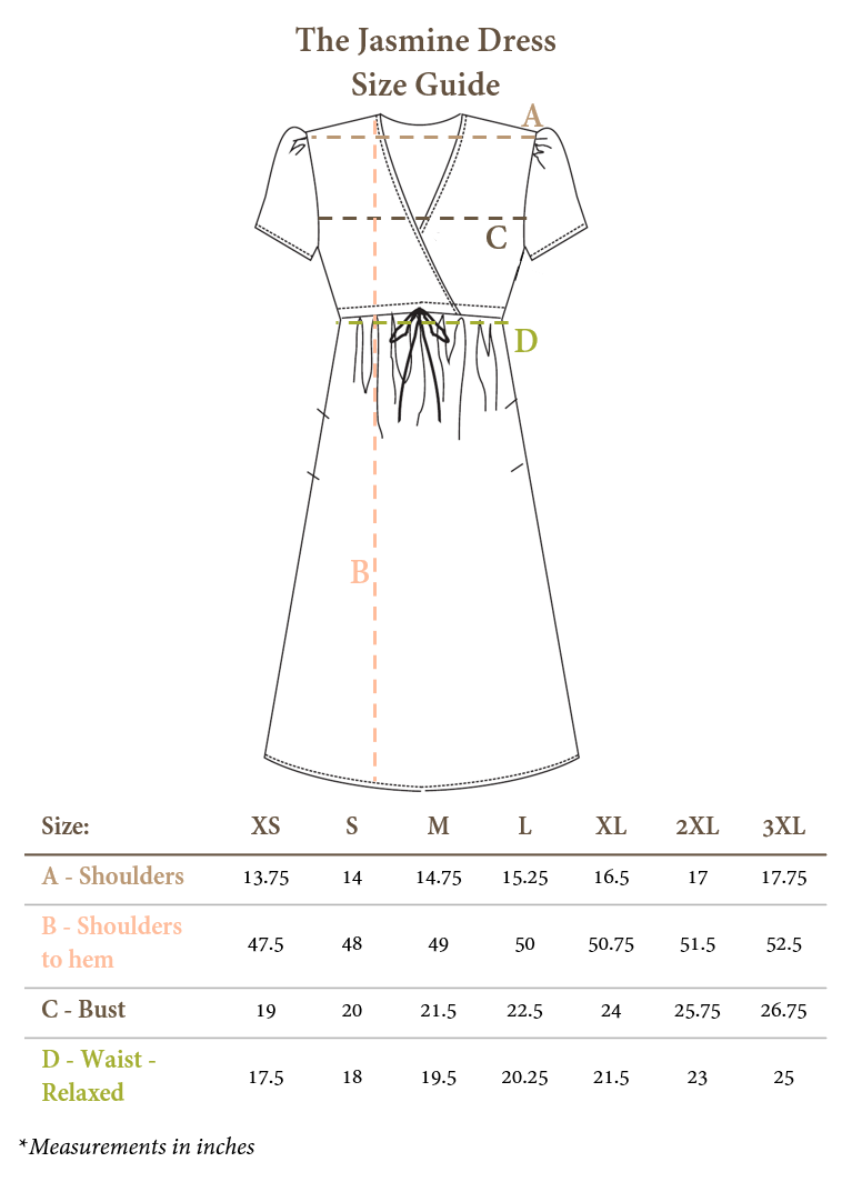 Line drawing of the Jasmine Dress size guide with measurements for shoulders, bust, waist, and length.