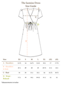 Line drawing of the Jasmine Dress size guide with measurements for shoulders, bust, waist, and length.