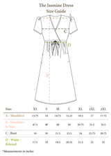 Line drawing of the Jasmine Dress size guide with measurements for shoulders, bust, waist, and length.