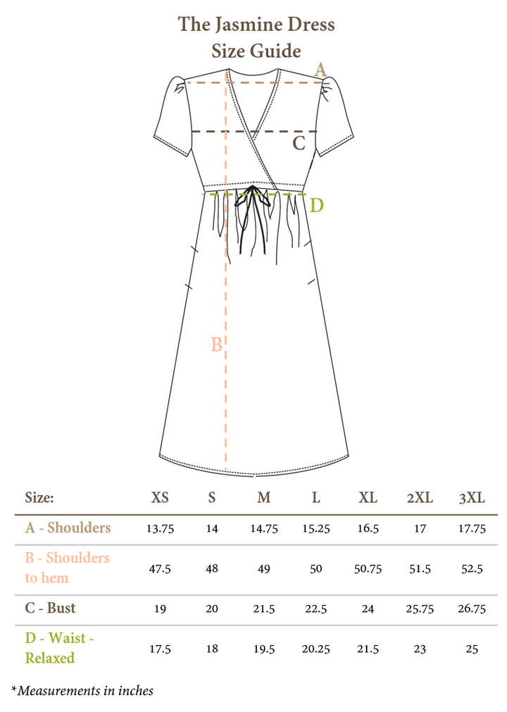 Line drawing of the Jasmine Dress size guide with measurements for shoulders, bust, waist, and length.