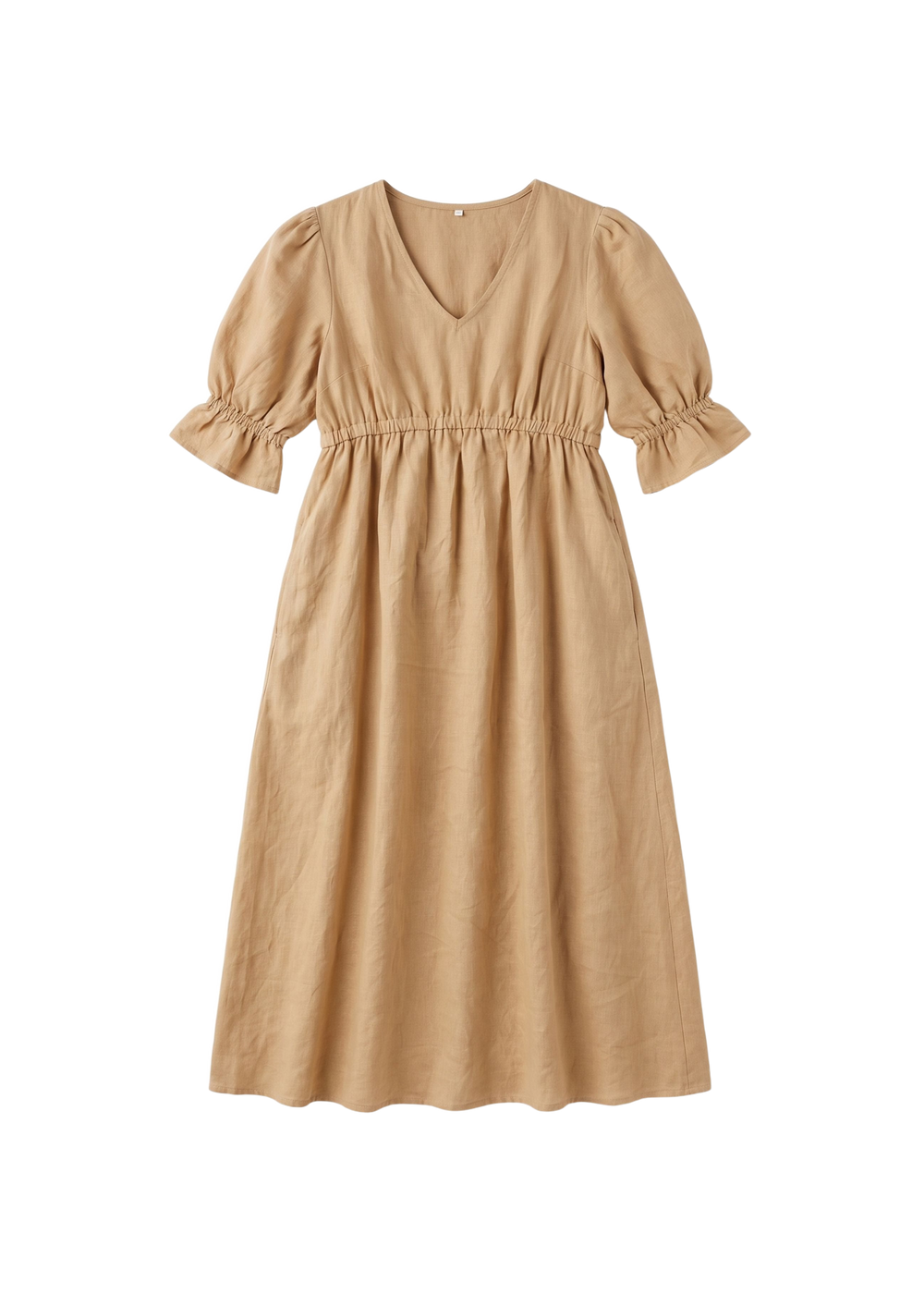 Flat lay of the Julia Dress in tan sandwashed linen