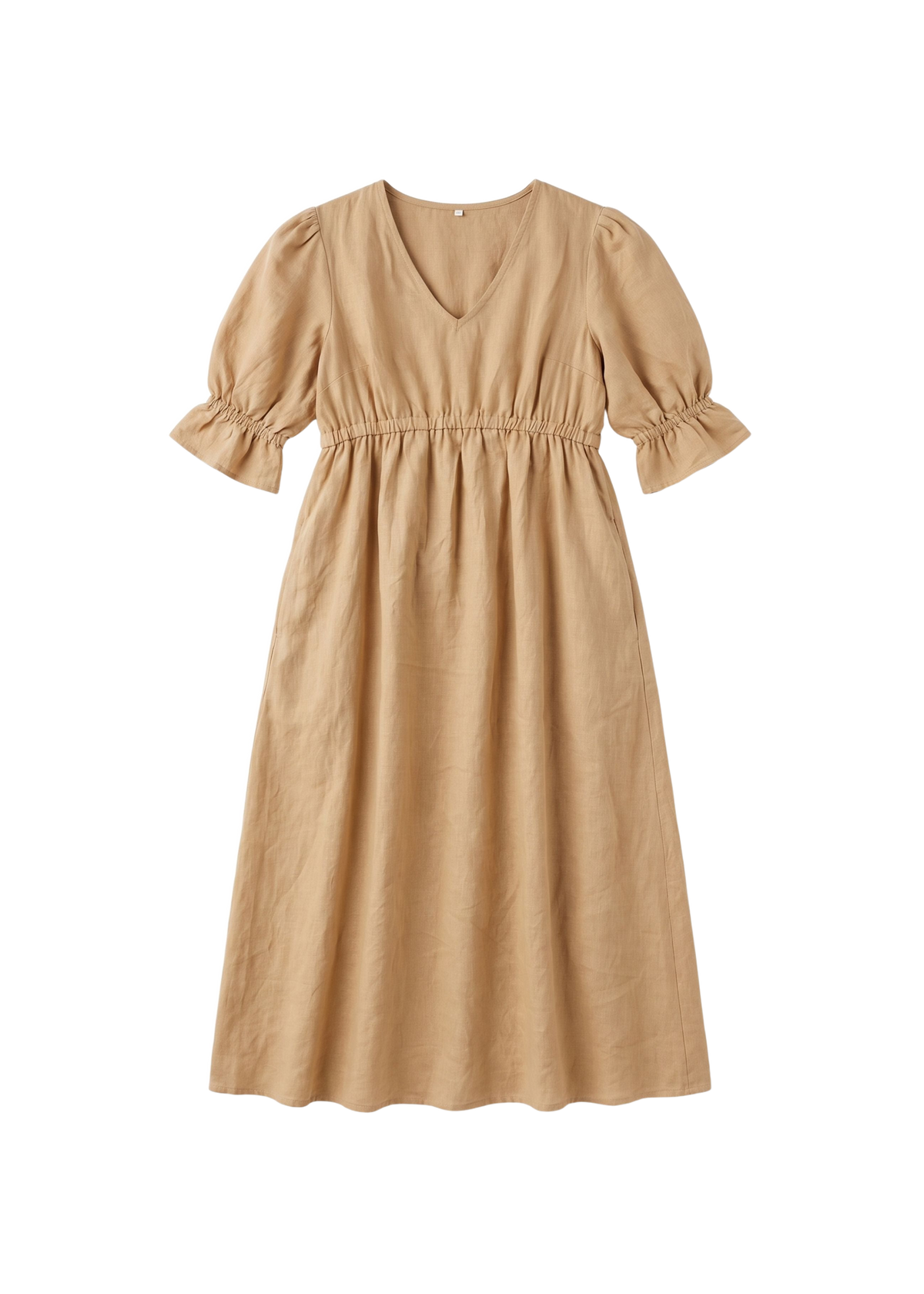 Flat lay of the Julia Dress in tan sandwashed linen