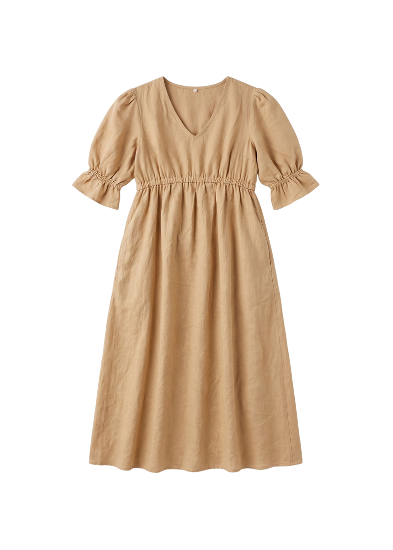 Flat lay of the Julia Dress in tan sandwashed linen