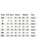 Julia Dress size chart with US, bust, waist, and hip measurements for XS to 3XL.