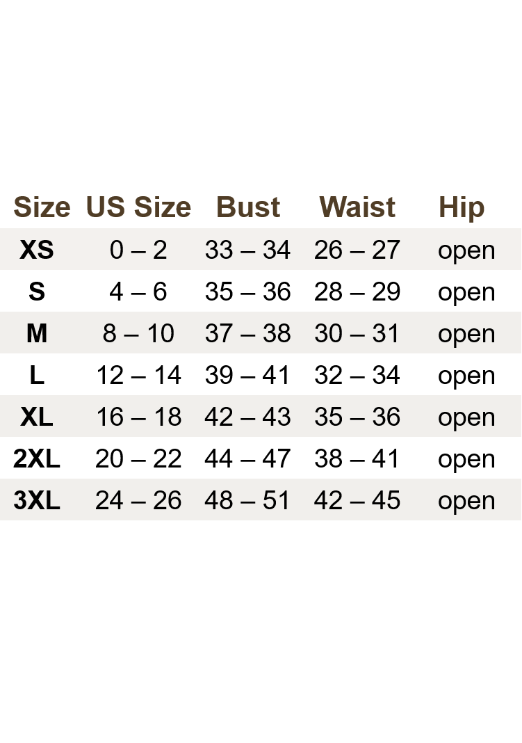 Julia Dress size chart with US, bust, waist, and hip measurements for XS to 3XL.