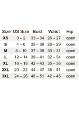 Julia Dress size chart with US, bust, waist, and hip measurements for XS to 3XL.