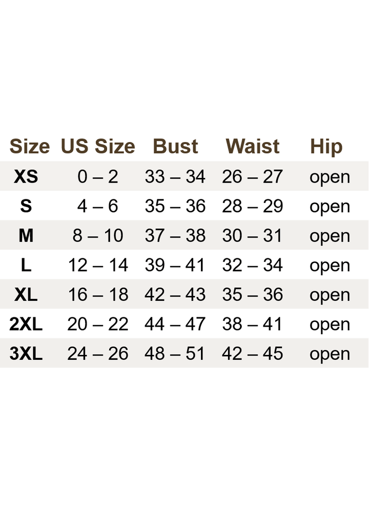 Julia Dress size chart with US, bust, waist, and hip measurements for XS to 3XL.