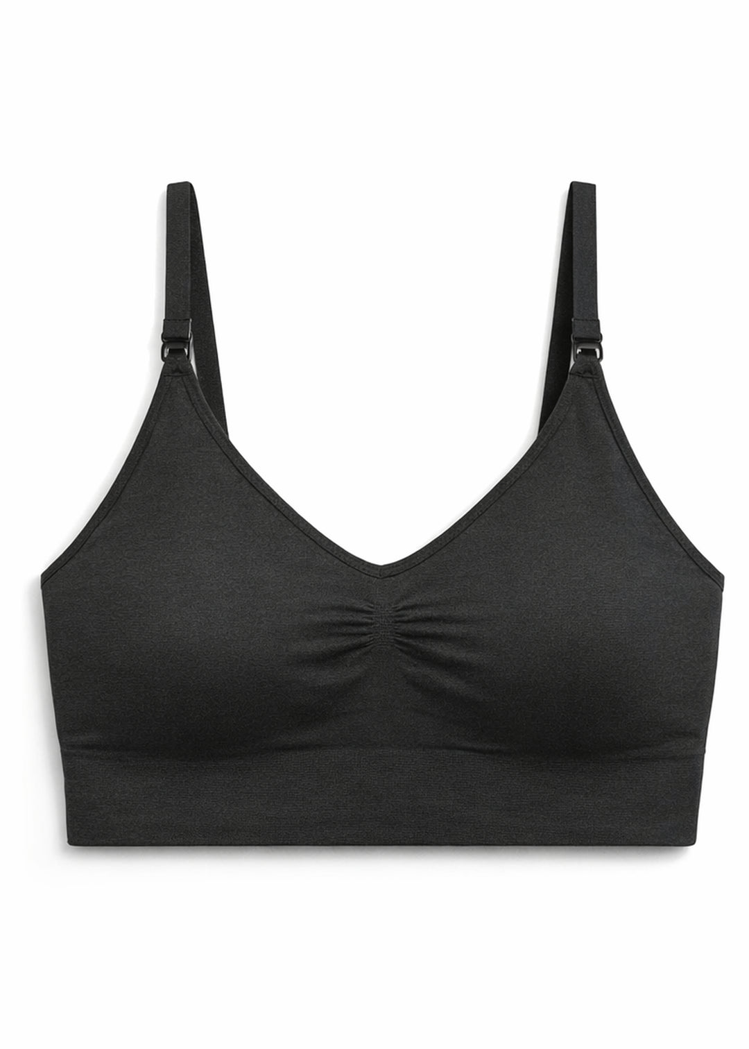 Organic cotton seamless clip-down nursing bra in Black — flat lay