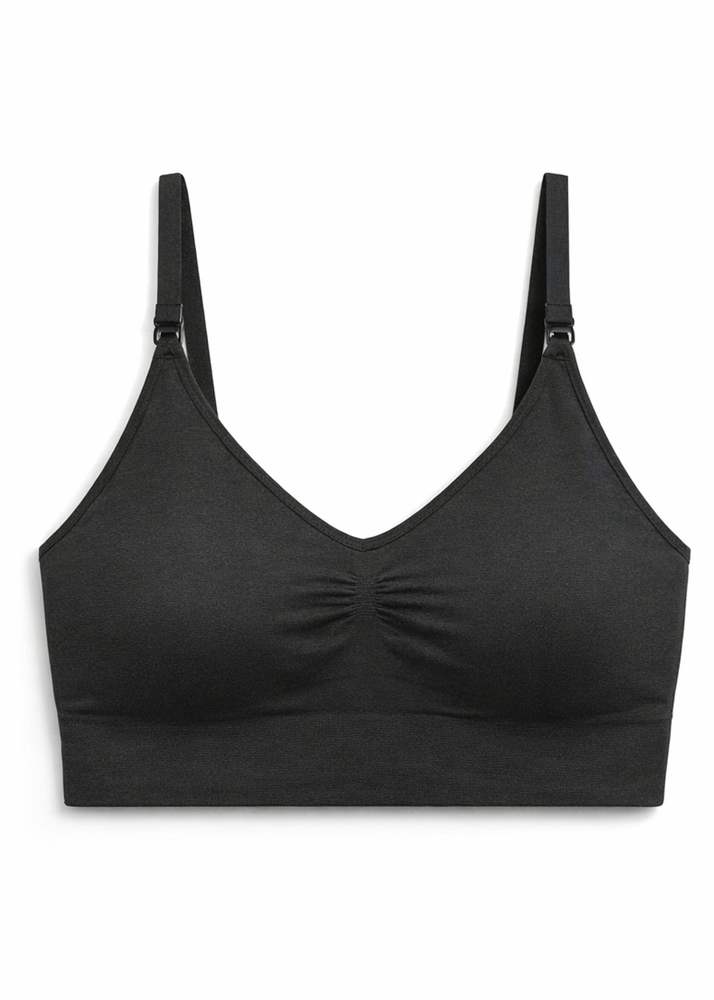 Organic cotton seamless clip-down nursing bra in Black — flat lay