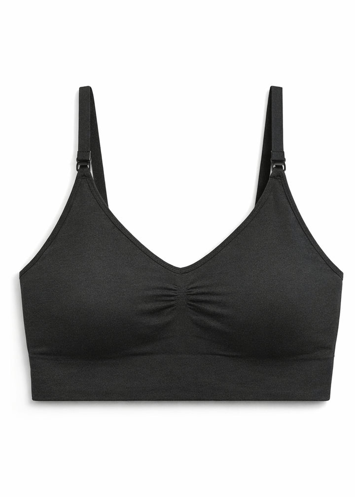 Organic cotton seamless clip-down nursing bra in Black — flat lay
