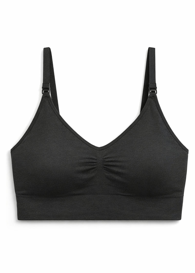 Organic cotton seamless clip-down nursing bra in Black — flat lay