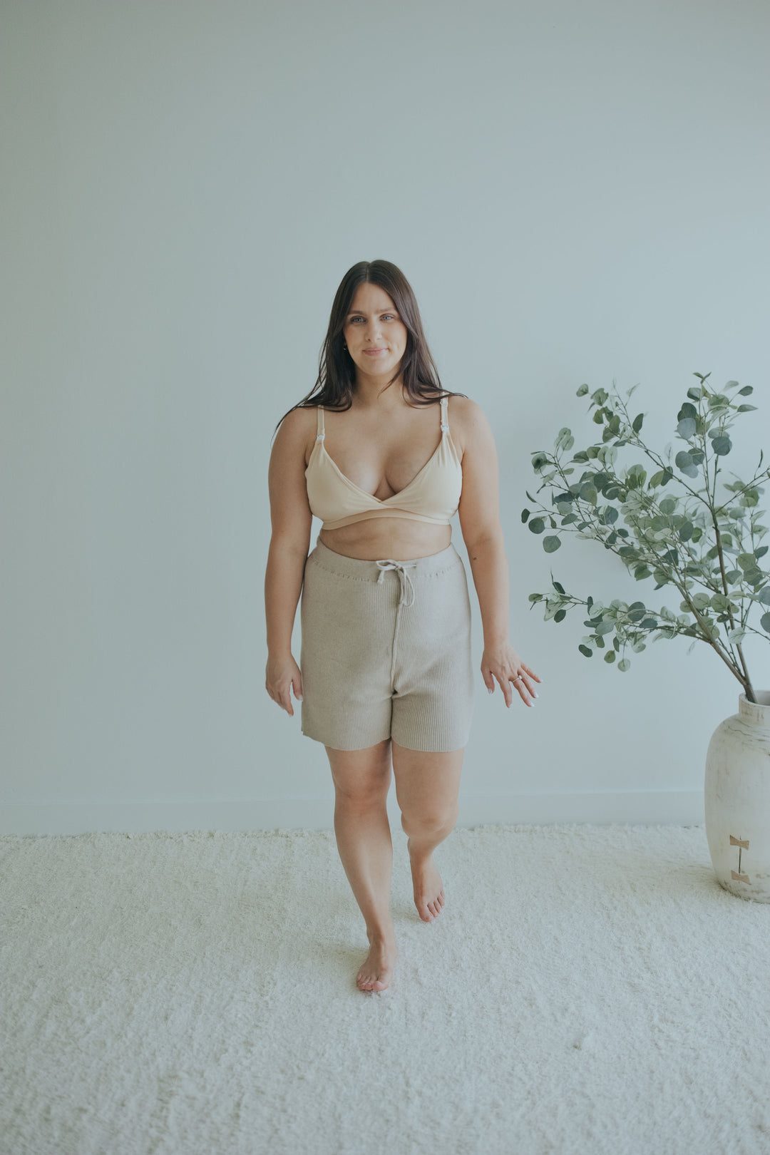 Woman in the Mocha Knit Shorts in Cotton Cashmere, full length front view