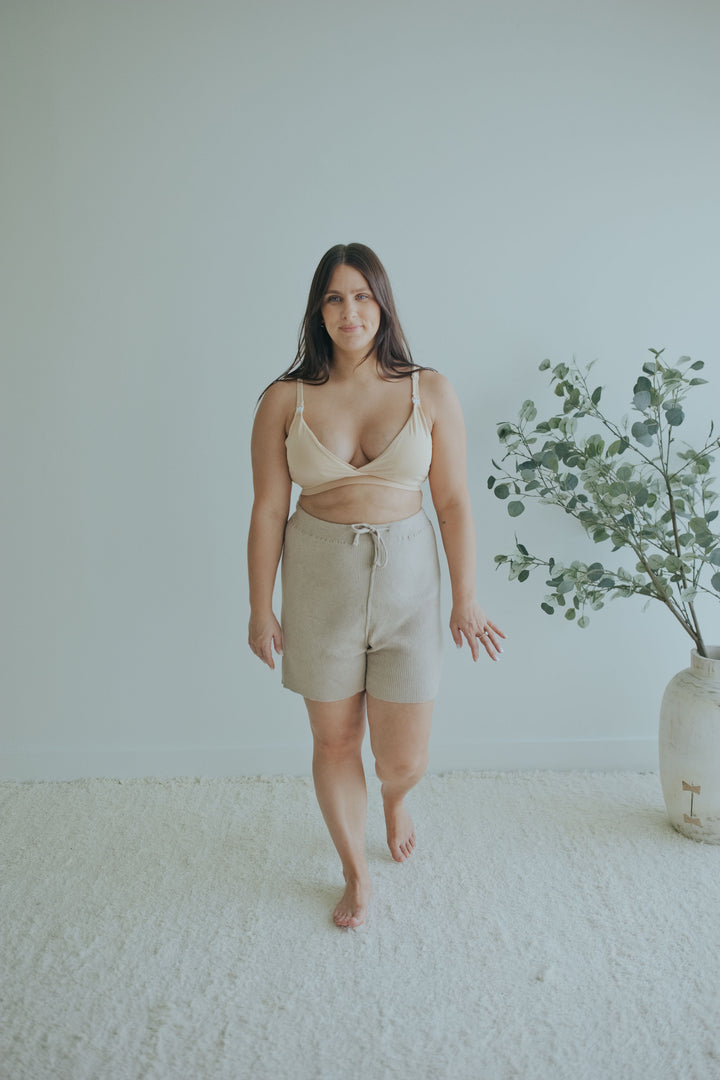 Woman in the Mocha Knit Shorts in Cotton Cashmere, full length front view