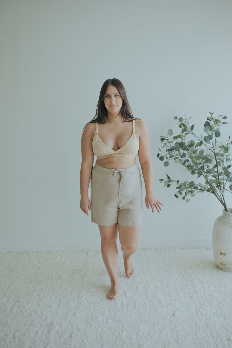 Woman in the Mocha Knit Shorts in Cotton Cashmere, full length front view