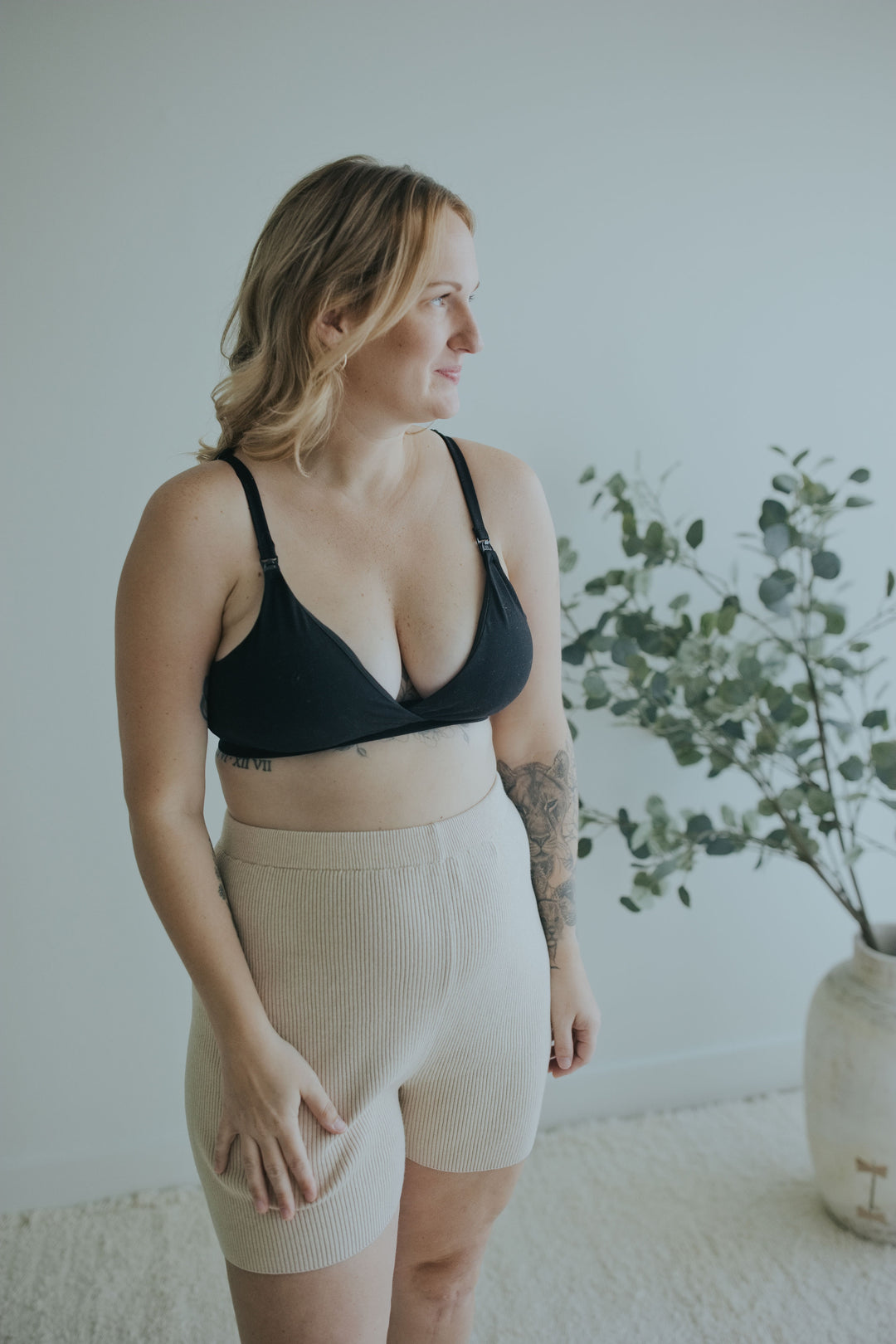 Three-quarter view of the Oatmeal Knit Shorts showing the tall rib waistband