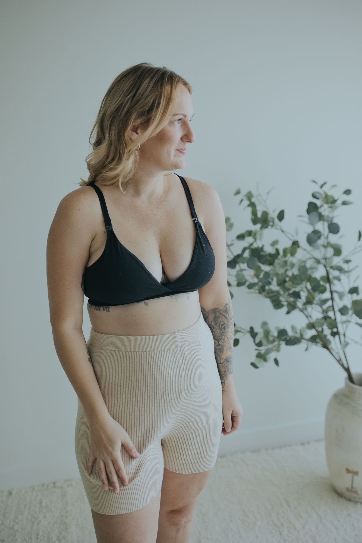 Three-quarter view of the Oatmeal Knit Shorts showing the tall rib waistband