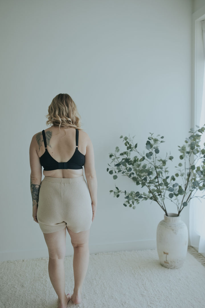 Full length back view of the Oatmeal Knit Shorts