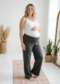 Model wearing the Knit Sweater Pant in Gray — high-rise cotton/viscose maternity lounge pant