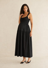 Smocked Waist Square Neck Maxi Dress in Cotton in Black — on model