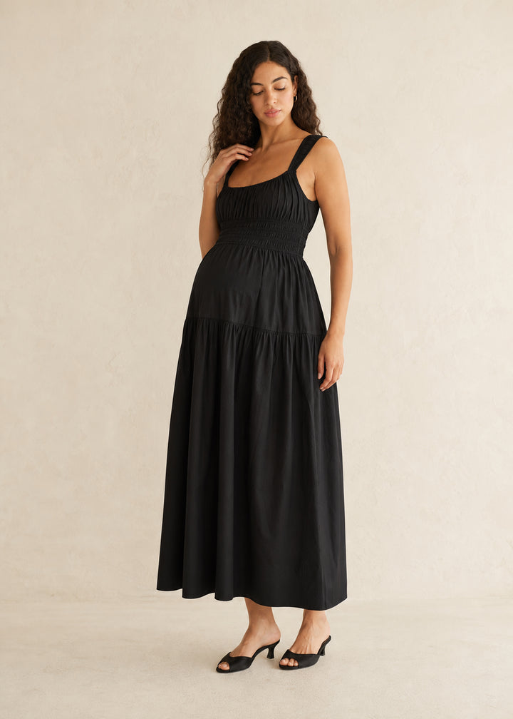 Smocked Waist Square Neck Maxi Dress in Cotton in Black — on model