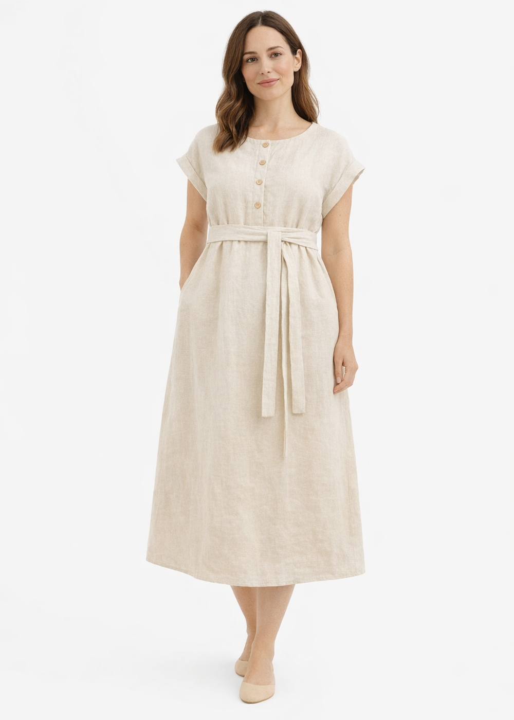 Belted Button-Front Linen Nursing Midi Dress in Linen in Natural — on model