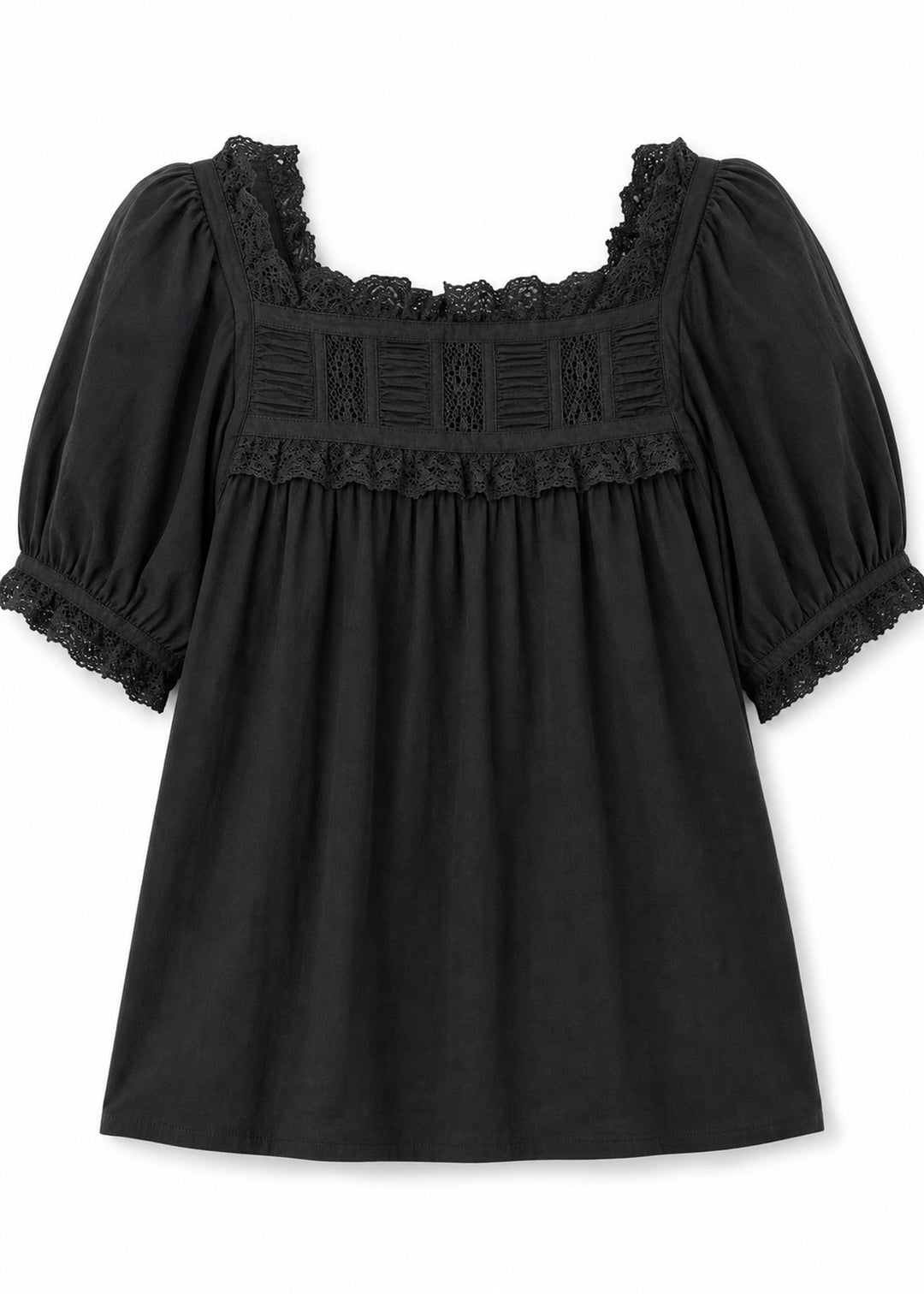 Lace Yoke Puff Sleeve Blouse in Cotton in Black — flat lay