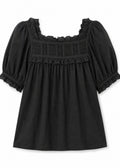 Lace Yoke Puff Sleeve Blouse in Cotton in Black — flat lay