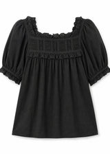Lace Yoke Puff Sleeve Blouse in Cotton in Black — flat lay