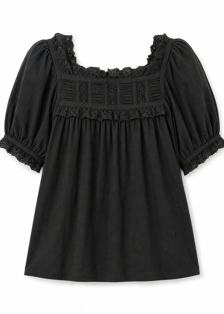Lace Yoke Puff Sleeve Blouse in Cotton in Black — flat lay