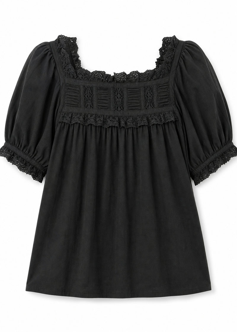 Lace Yoke Puff Sleeve Blouse in Cotton in Black — flat lay