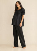 Lace Yoke Puff Sleeve Blouse in Cotton in Black — on model