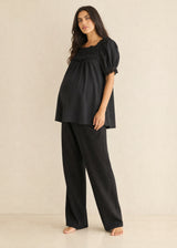 Lace Yoke Puff Sleeve Blouse in Cotton in Black — on model