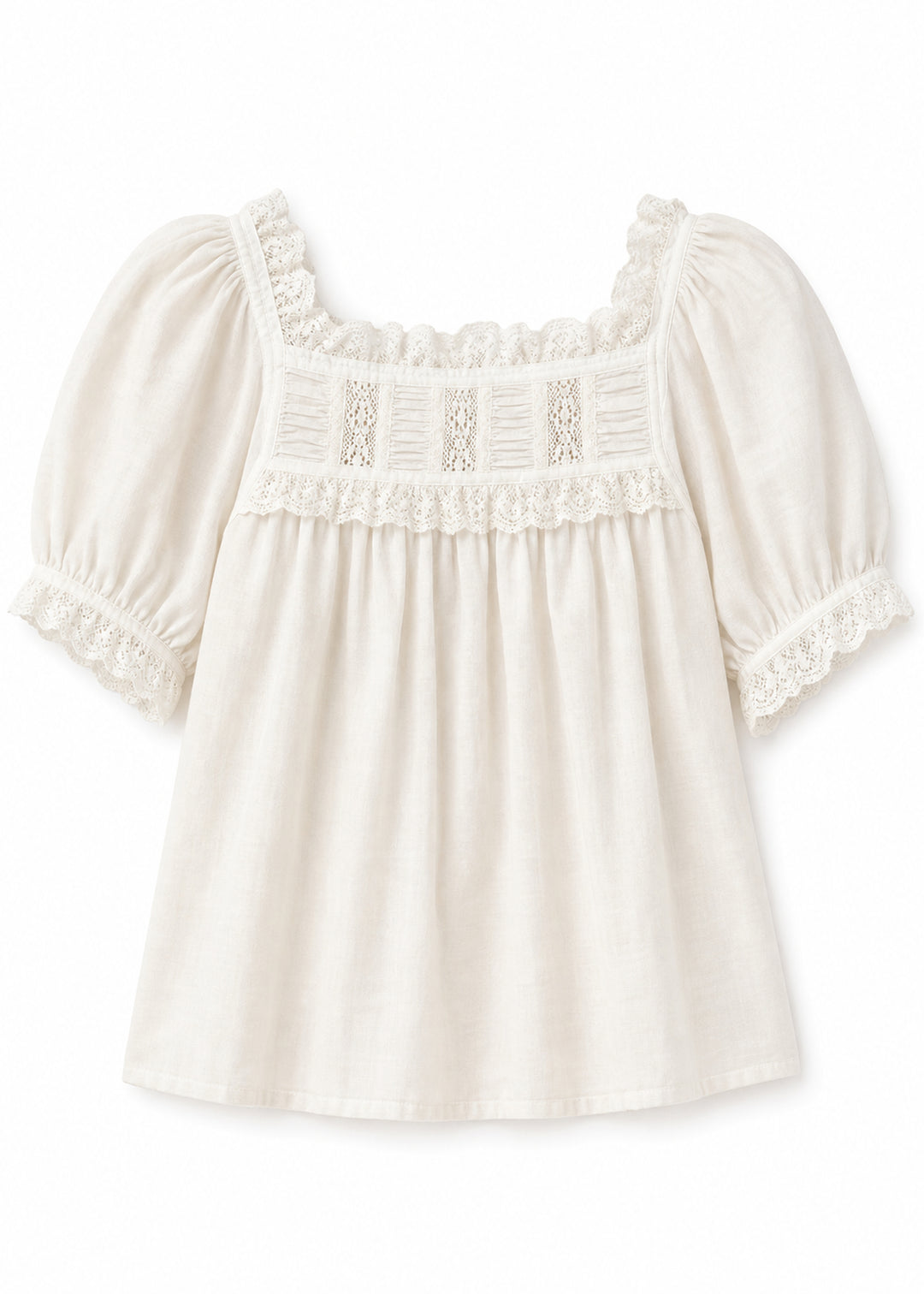 Lace Yoke Puff Sleeve Blouse in Cotton in Natural — flat lay
