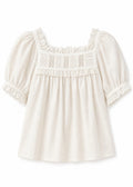 Lace Yoke Puff Sleeve Blouse in Cotton in Natural — flat lay