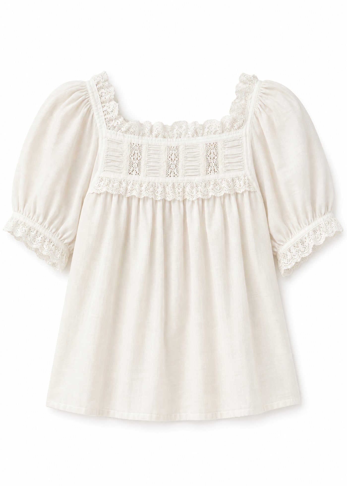 Lace Yoke Puff Sleeve Blouse in Cotton in Natural — flat lay