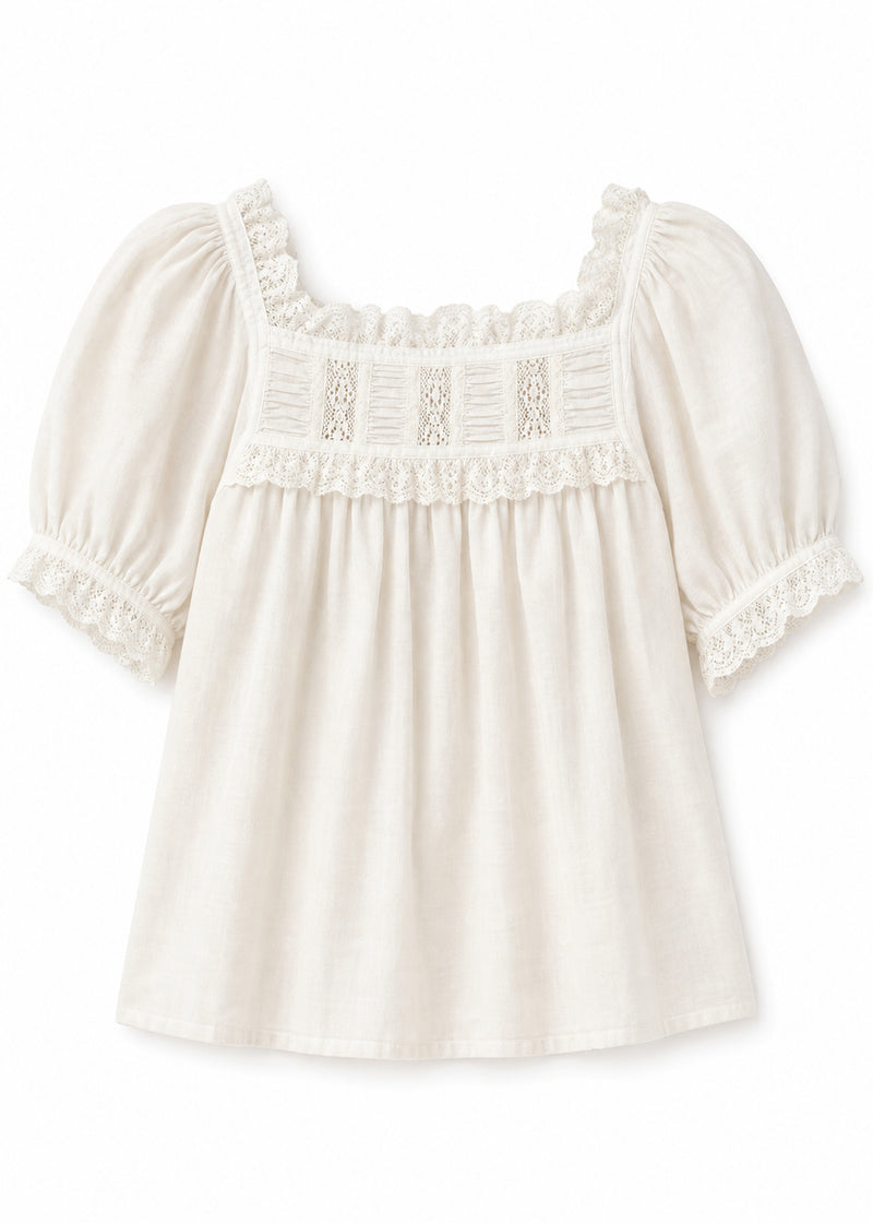 Lace Yoke Puff Sleeve Blouse in Cotton in Natural — flat lay