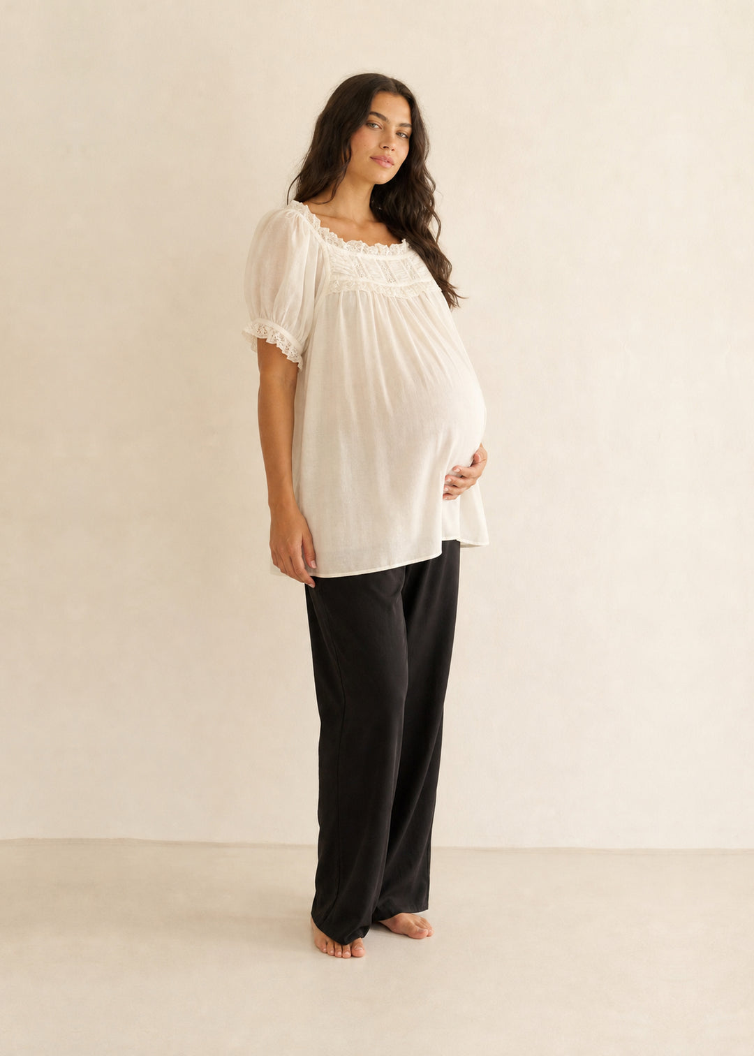Lace Yoke Puff Sleeve Blouse in Cotton in Natural — on model