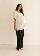 Lace Yoke Puff Sleeve Blouse in Cotton in Natural — on model