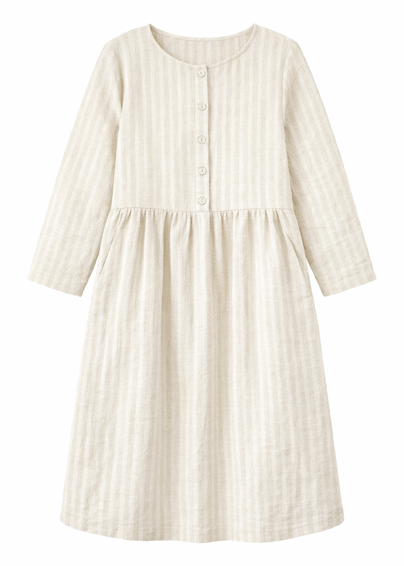 Button-Front Striped Linen Maternity Dress in Linen in Natural — flat lay
