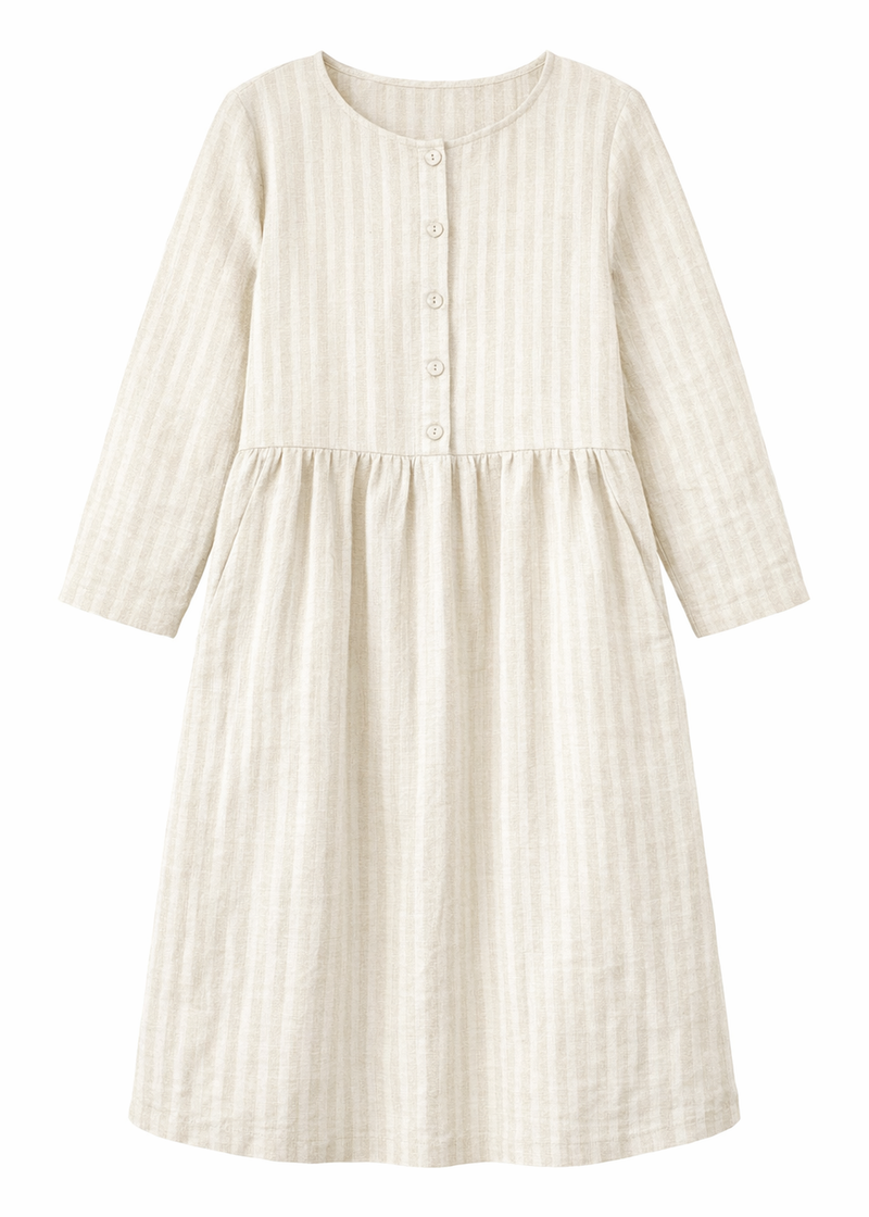 Button-Front Striped Linen Maternity Dress in Linen in Natural — flat lay