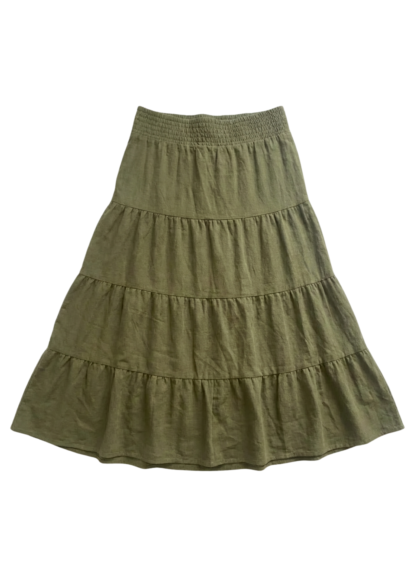 Olive green tiered cotton-linen midi skirt with an elastic waistband.