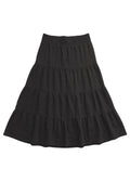Black cotton/linen tiered midi skirt with an elastic waistband.