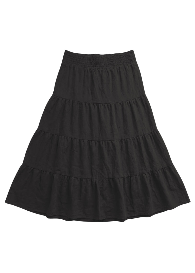 Black cotton/linen tiered midi skirt with an elastic waistband.