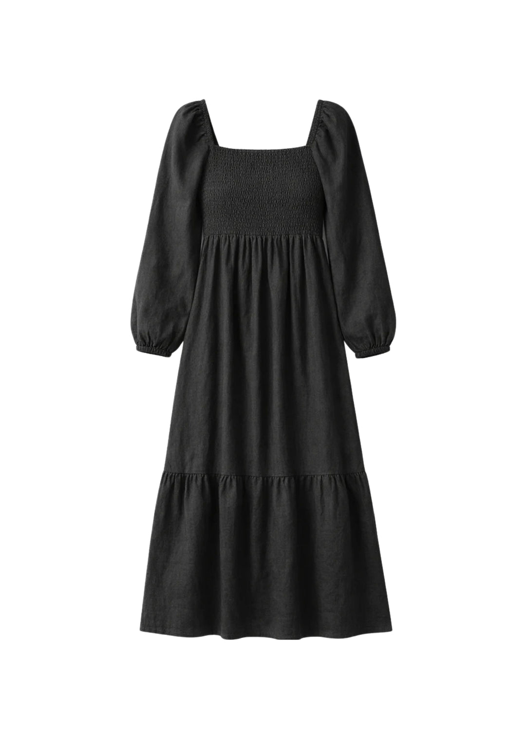 Long-Sleeve Smocked-Bodice Midi Dress in Linen