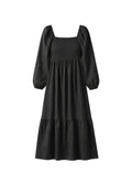 Long-Sleeve Smocked-Bodice Midi Dress in Linen