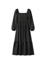 Long-Sleeve Smocked-Bodice Midi Dress in Linen