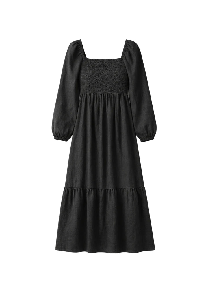 Long-Sleeve Smocked-Bodice Midi Dress in Linen