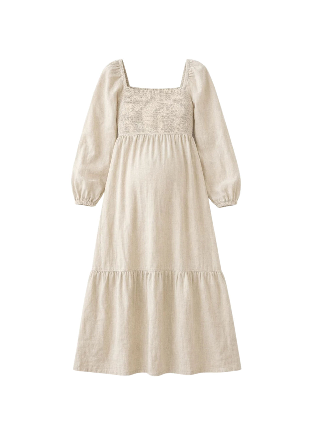 Long-Sleeve Smocked-Bodice Midi Dress in Linen